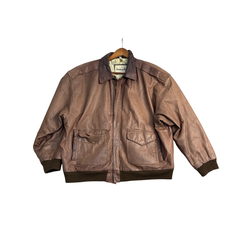 Donna Pelle Vintage Mens Brown Leather Bomber Jacket Map Print Lining Large
